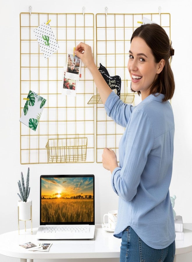 CreativeBuzz Steel Wall Grid Photo Frame for Wall with 10 Wooden Deginer Clips | DIY Metal Mesh Wire Grid for Photo Display, Wall Decor, Memo Organizer | Aesthetic Room Decoration for Home, Living Room & Office (Golden, 65x45cm) - Image 3